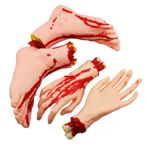 Xonor Halloween Severed Hands Feet Set Scary Bloody Broken Body Parts Halloween Props Decorations, 4 Pieces(Feet & Hands) (Skin Color)