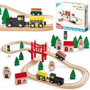 Tiny Land Wooden Train Set For Toddler - 39 Pcs- With Wooden Tracks Fits Thomas, Fits Brio, Fits Chuggington, Fits Melissa And Doug - Expandable, Changeable-Train Toy For 3 4 5 Years Old Girls & Boys