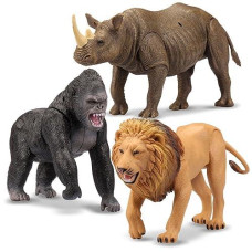 Kid Galaxy Lion, Rhino, Gorilla Plastic Educational Posable Safari Animal Figures (3 Piece), Yellow