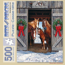 Bits And Pieces - 500 Piece Jigsaw Puzzle For Adults 18"X24" - Horse Barn Christmas - Winter Holiday Scene 500 Pc Jigsaw By Artist Russell Cobane