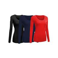 Emmalise Women'S Junior And Plus Size Basic Scoop Neck Tshirt Long Sleeve Tee, 1Xl, 3Pk Black, Navy, Red