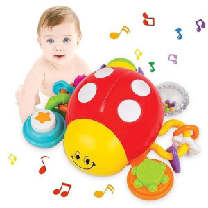 Ladybug Crawling Toy With Fun Sounds, Sliding Rings, Spinning Ball, And Colorful Beads - Develops Cognitive And Motor Skills For 6-12 And 18 Months Old Babies