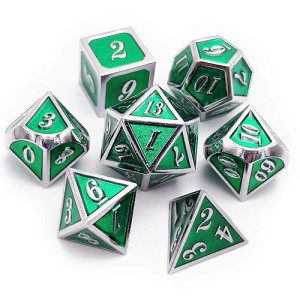 Haxtec 7 Die Metal Dnd Dice Set Green Elven Goblin D&D Dice Set For Dungeons And Dragons Rpg Gaming-Silver Emerald Green Elvish Dice