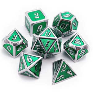 Haxtec 7 Die Metal Dnd Dice Set Green Elven Goblin D&D Dice Set For Dungeons And Dragons Rpg Gaming-Silver Emerald Green Elvish Dice