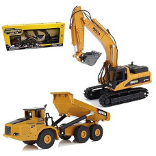 Gemini & Genius 2Pcs Construction Vehicle Toys Dump Truck And Excavator Set Heavy Metal 1/50 Scale Digger And Dumper Diecast Engineering Vehicle Toys For Kids And Decoration House
