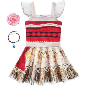 Little Girls Princess Dress Lace Ruffle Sleeve For Moana Costume Outfit With Necklace Flower For Halloween Christmas Dress Up (120 (5-6Y), Red)