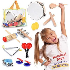 Toddler Educational & Musical Percussion For Kids & Children Instruments Set 21 Pcs - With Tambourine, Maracas, Castanets & More - Promote Fine Motor Skills, Enhance Hand To Eye Coordination,