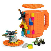 Build-On Brick Coffee Mug With Lid,Fubarbar Funny Diy Novelty Kid Cup With Building Blocks For Men Women Xmas Birthday(Orange)