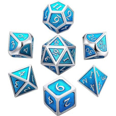 7 Pieces Metal Dices Set Dnd Game Polyhedral Solid Metal D&D Dice Set With Storage Bag And Zinc Alloy With Enamel For Role Playing Game Dungeons And Dragons, Math Teaching (Silver Edge Sky Blue)