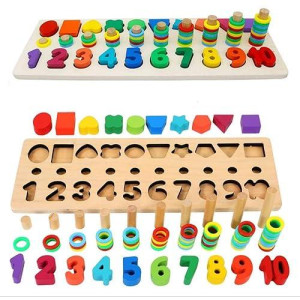 Muyindo Montessori Wood Blocks Puzzle Board Set For Toddler Preschool Kids, Learning & Educational Toys For Number Counting, Colors Stacking, Shape Sorting, Early Education Toy