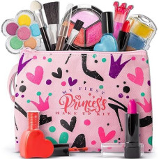 Foxprint Kids Makeup Kit For Girls, Soft To Skin, Easy To Wash, 23 Pc Princess Makeup Set Toys Girls & Kids, Carrying Cosmetic Purse For Easy Storage