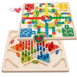 Ycbingo Ludo Board Game & Chinese Checkers 2 In 1 Natural Wooden Board Flying Chess Family Game For Adults And Kids
