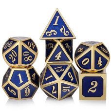 Dndnd Heavy Polyhedral Metal Dice Set With Metal Box, 7-Die Shiny Blue Surface With Golden Number For Rpg,Dungeons And Dragons,Pathfinder,Shadowrun,D&D,Role Palying Game And Math Teaching
