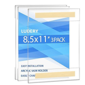 Ludery Acrylic Sign Holder 85 X 11 Wall Mount, Clear 85 X 11 Acrylic Sign Holder With Double Sided Tape Adhesive For Home, Office, Store, Restaurant (3 Pack)