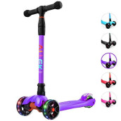 Allek Kick Scooter B02, Lean 'N Glide Scooter With Extra Wide Pu Light-Up Wheels And 4 Adjustable Heights For Children From 3-12Yrs (Purple)
