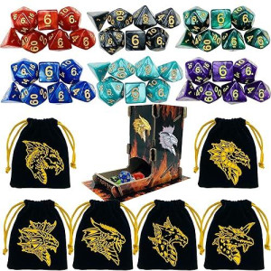 Toyful 6 Sets Dnd Dice Polyhedral Dungeons And Dragons Dnd Rpg Mtg Table Game Dice Bulk With Free Six Drawstring Bags And D&D Dice Tower Black