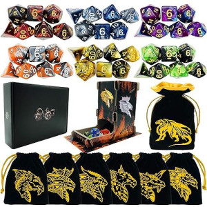 Toyful 6 Sets Double-Colors Dnd Dice Polyhedral Dungeons And Dragons Dnd Rpg Mtg Table Game Dice Bulk With Seven Free Drawstring Bags And D&D Dice Tower Gift Package Black