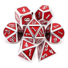 Haxtec Metal Dice Set D&D Red Silver Dnd Dice Set For Dungeons And Dragons Rpg Games Leather Dice Bag Dnd Gifts-Glossy Enamel Dice (Silver Red)