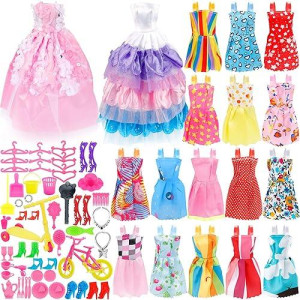 Janyun 73Pcs Dolls Fashion Set For Dressing Up Dolls, Included 18Pcs Wedding Party Outfits Clothes And 55Pcs Doll Accessories Shoes Bags Necklace Girls' Gifts