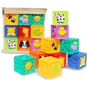 Kingtree Baby Blocks (Set Of 9), Squeeze Building Blocks Soft Stacking Baby Toys For 6 Months And Up, Colorful Teething Chewing Educational Stacking Blocks Set With Numbers Animals Shapes Textures