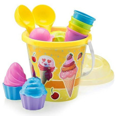 Top Race Beach Toys Set With Large 9'' Bucket Pail And Spade Scoop Shovels For Kids 16Pcs Yellow Ice Cream Playset For Kids & Toddlers Ages 1.5,2,3,4,5,6,7,8,9 Great Sand Toys For Outdoor Sandbox