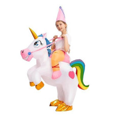Spooktacular Creations Kids Halloween Inflatable Costumes, Riding A Unicorn, Colorful Air Blow-Up Deluxe Set With Hat, Ride-On Halloween Costumes (White, 4-6 Yrs)