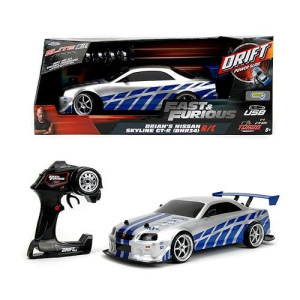 Jada Toys Fast & Furious Brian'S Nissan Skyline Gt-R (Bn34) Drift Power Slide Rc Radio Remote Control Toy Race Car With Extra Tires, 1:10 Scale, Silver/Blue (99701)