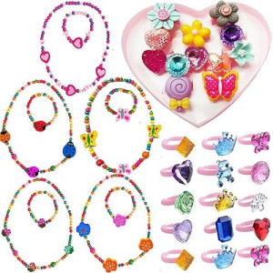 7Queen Kids Jewelry - Stretch Butterfly Necklace, Ring, Bracelet Set - Great Costume Jewelry And Accessories For Children To Play Pretend And Dress Up (Christmas Set Wooden)