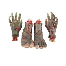 Xoyo Halloween Body Parts, 4 Pieces(Feet & Hands) (Black), Halloween Scary Cut Off Bloody, Horror Hand &Feet, Scary Realistic Broken Exposed Bone Hands & Feet, Halloween Prank Trick