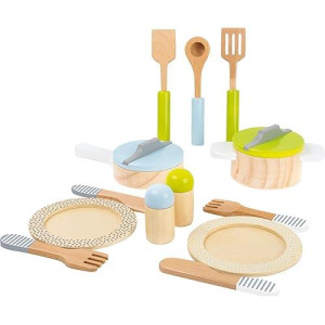 Small Foot Wooden Toys- Premium 15 Piece Kitchen Playset- Cooking And Dining Set Includes Pots, Plates And Utensils- Ideal For Toddlers 2+, Multi, (11098)