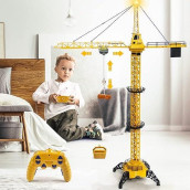 Mini Tudou 50.4 Inch Tall 2.4Ghz Remote Control Tower Crane, 6 Channel Remote Control Construction Rc Crane Toy 680 Degree Rotation Lift Model With Tower Light & Sound For Kids Boys Girls