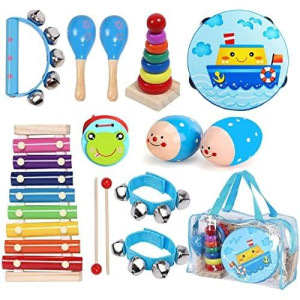 Kids Musical Instruments Sets, 12Pcs Wooden Percussion Instruments Toys Tambourine Xylophone For Kids Playing Preschool Education, Early Learning Musical Toys For Boys And Girls Gift