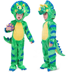 Spooktacular Creations Green Triceratops Dinosaur Costume With Toy Egg For Kid Halloween Dress Up Dino Themed Pretend Party (Medium (8-10 Yrs))