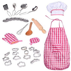 Fun Little Toys 32 Pcs Chef Dress Up Clothes Little Girls, Play Kitchen Accessories Set Kids, Pretend Play Cooking Baking Tools