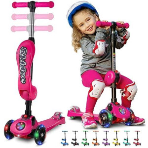Kick Scooters For Kids Ages 3-5 (Suitable For 2-12 Year Old) Adjustable Height Foldable Scooter Removable Seat, 3 Led Light Wheels, Rear Brake, Wide Standing Board, Outdoor Activities For Boys/Girls