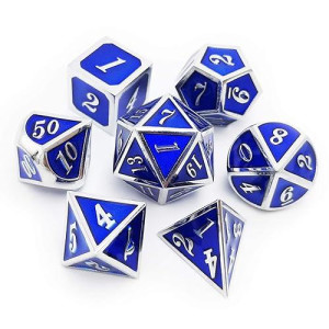 Haxtec Metal Dice Set D&D Silver Navy Blue Metal Polyhedral Dnd Dice For Dungeons And Dragons-Glossy Enamel Dice (Silver Navy Blue)