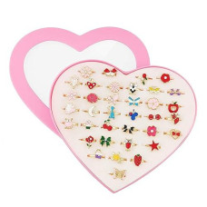 Sunmall 36 Pcs Adjustable Rings In Box, No Duplication, Children Kids Little Girl Pretend Play And Dress Up Jewelry Set With Heart Shape Display Case, (A)