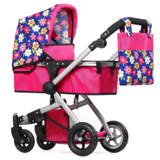 Fash N Kolor | Foldable Pram For Baby Doll With Flower Design With Swiveling Wheel Adjustable Handle Bassinet Stroller With Baby Doll, Convertible Seat, And Basket, And Free Carriage Bag