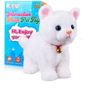 White Plush Cat Stuffed Animal Interactive Cat Robot, Robotic Cat Barking Meow Kitten Touch Control, Electronic Pet, Robot Kitty Toy, Animated Cat For Girl Baby Kid L:12" * H:8" *