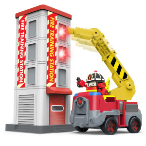 Robocar Poli Toys, Roy Fire Station Playset, Rescue Training Fire Truck Toy Car With Mini Transforming Robot Roy, Tower, Extension Ladder And Flashing Lights & Siren Sounds