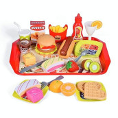 Fun Little Toys 40Pcs Play Food For Kids Kitchen, Play Kitchen Accessories, Toy Foods With Cutting Fruits And Fast Food For Pretend Play, Birthday Gifts