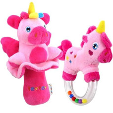 Teytoy 2Pcs Soft Baby Rattles, Pink Horse & Angel Pig Baby Girl Toy 3 6 9 12 Month Baby Shower