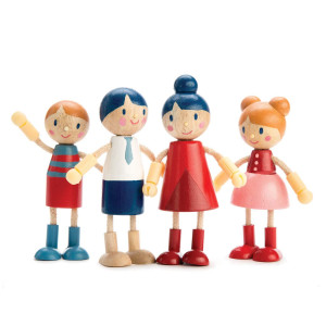 Tender Leaf Toys - Doll Family - Cute Wooden Flexible Doll Family For Kid'S Dollhouse, Four Pcs Of Multicultural Mom, Dad, Boy And Girl - Age 3+