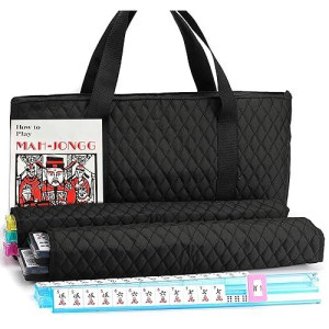 American Mahjong Game Set - Black Quilted Soft Bag 166 Premium Tiles With 4 All-In-One Rack/Pushers,100 Chips, Wind Indicator, English Manual. Easy Carry Mah-Jongg Set