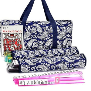 American Mahjong Game Set - Blue Paisley Soft Bag 166 Premium Tiles with 4 All-in-One Rack/Pushers,100 Chips,1 Wind Indicator, English Manual - Easy Carry Full Size Complete Western Mah Jongg Set