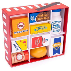 Baker'S Mart Ingredient Set | Wooden Play Food Baking Groceries | Includes Baking Soda, Chocolate, Milk, Sugar, Vanilla, Flour, Sprinkles, Butter And Egg | Pretend Play Food Kitchen Accessories