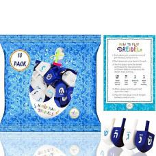 The Dreidel Company 10 Solid Blue & White Hand Painted Wooden Hanukkah Dreidels With English Transliteration - Includes Detailed 3 Game Instruction Cards- (10-Pack)