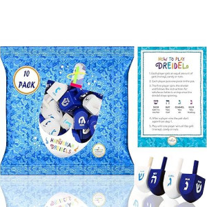 The Dreidel Company 10 Solid Blue & White Hand Painted Wooden Hanukkah Dreidels With English Transliteration - Includes Detailed 3 Game Instruction Cards- (10-Pack)