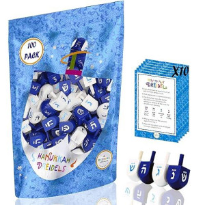 The Dreidel Company 100 Solid Blue & White Hand Painted Wooden Hanukkah Dreidels With English Transliteration - Includes Detailed 3 Game Instruction Cards- (100-Pack)