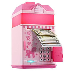 Oye Hoye Piggy Bank, Pink Atm Plastic Piggy Bank For Real Money, Gift Toys For Girls Boys Kids Birthday, Cute Electronic Cash Coin Code With Night Light, Musics & Auto Scroll